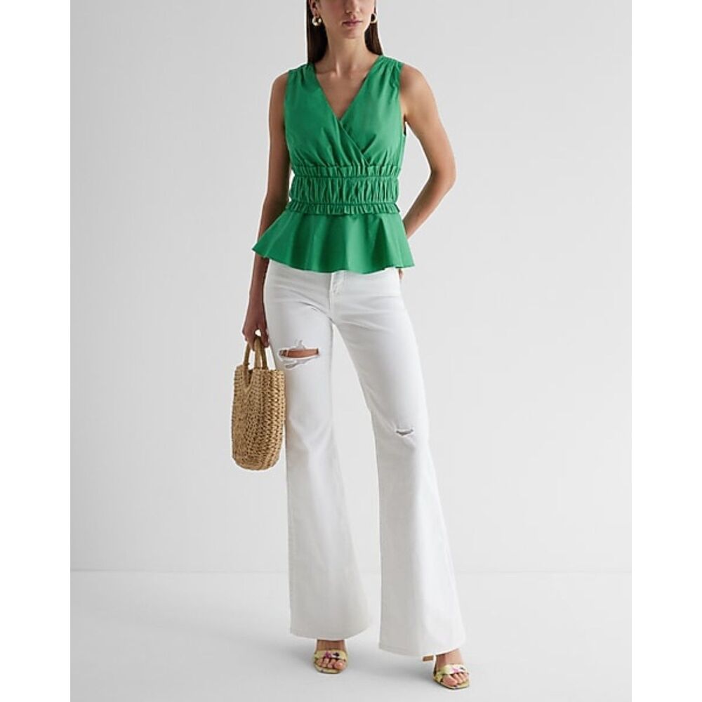 Express V-Neck Ruffle Peplum Tank | Green | Medium - Picture 2 of 8